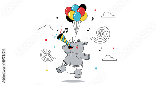 Joyful baby rhinoceros floating with balloons and playing horn celebrating birthday fun childhood delight