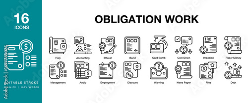 Obligation Work icon set. Includes  legal, service, partnership, customer, and More. Editable Stroke Icon Collection.