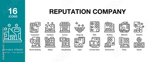 Reputation Company icon set. Includes quality, feedback, customer, service, review, and More. Editable Stroke Icon Collection.