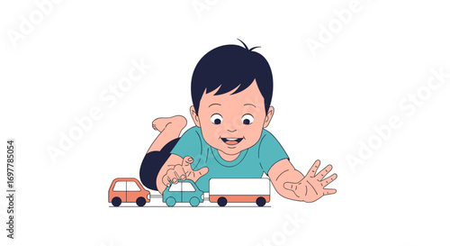 Joyful little child playing with miniature toy vehicles on the floor developing cognitive skills and motor development