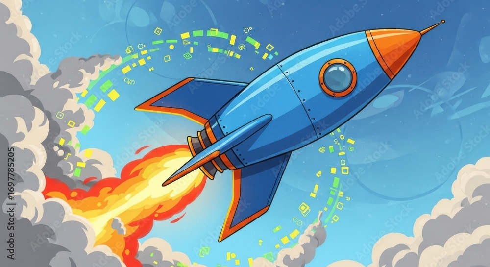 Fototapeta premium Retro blue rocket blasts off into a colorful sky