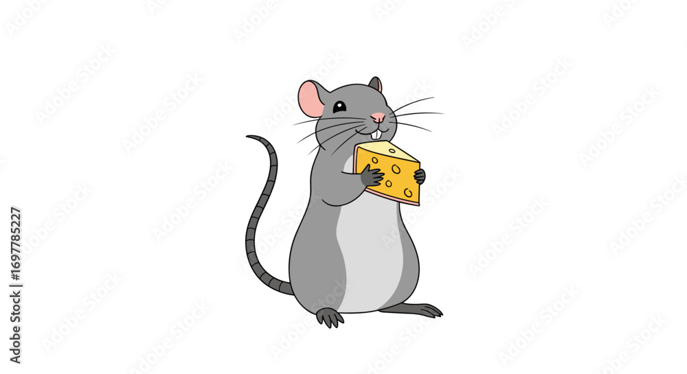 Fototapeta premium Cute cartoon mouse happily nibbling on a delicious chunk of yellow cheese