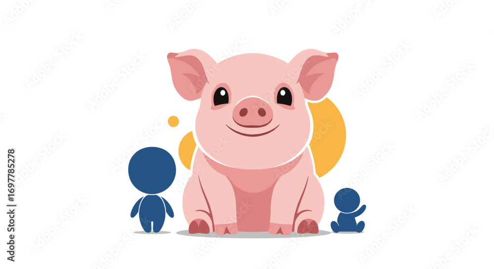 Fototapeta premium Charming pink piglet characters and playful orange circles a whimsical illustration for children and cute animal lovers