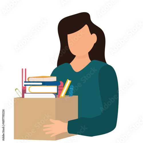 Books donation and bookcrossing concept. Woman holding book box. Time for knowledge charity. Donation box full of books. vector illustration