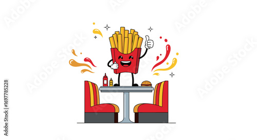 A cheerful french fry character enjoys a meal at a diner booth giving a thumbs up