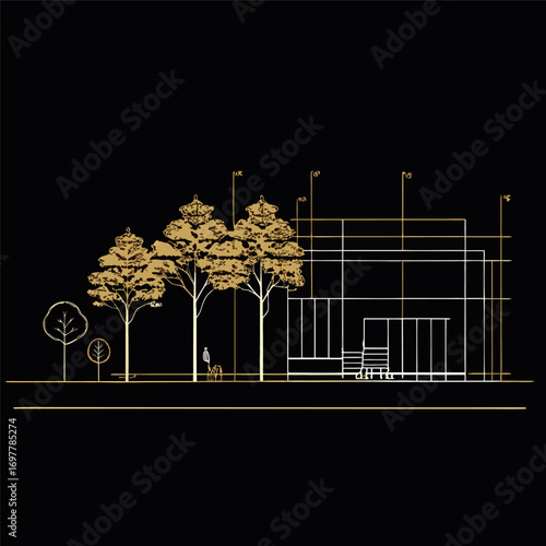 Architectural Drawings, Minimal style cad tree line drawing, Side view, set of section wetland forest outline for landscape design drawing. Vector illustration in seperate element