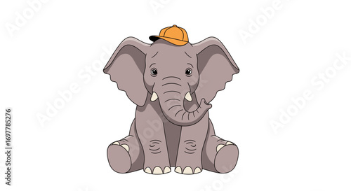 Adorable cartoon elephant wearing a little hat sitting and looking forward with a friendly expression