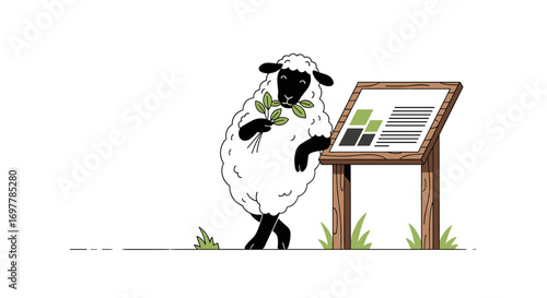 A curious sheep enjoys green leaves next to an informative wooden signpost showing charts and data