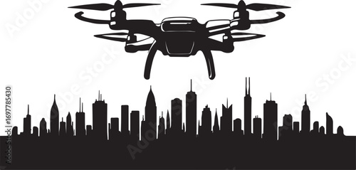 Black silhouette of a quadcopter drone flying above a city skyline aerial technology