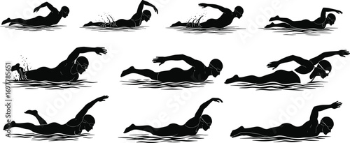 Silhouette vector set of swimmers performing freestyle stroke in water, illustrating swimming techniques, aquatic sports, exercise, fitness, and water activities.