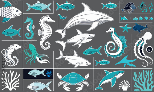 Outline Style Sea Animals Icon Set