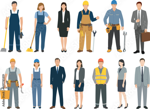 Occupational illustration, diverse professionals, workplace uniforms, vector art, job attire, career people, business, construction, technician, cleaner