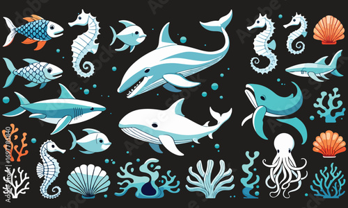 Outline Style Sea Animals Icon Set