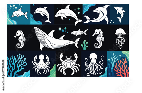 Outline Style Sea Animals Icon Set