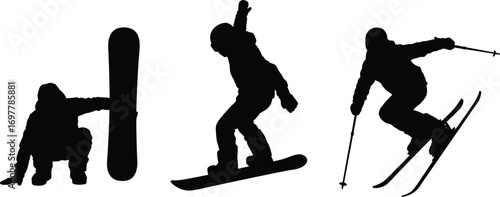 Winter sports silhouettes, snowboarding, skiing, jump pose, vector illustration, black figures, outdoor activity, athlete, action, gear