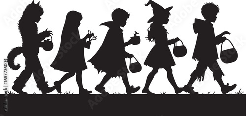 Children silhouettes trick or treating in Halloween costumes werewolf vampire witch and zombie kids