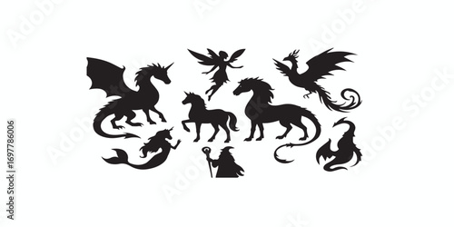 Print  Vector Silhouettes of Fantasy and Mythical Creatures – dragons, unicorns, fairies, phoenix, mermaids, wizards – dramatic black silhouettes suitable for games, books, posters, and creative  
