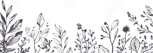 Delicate hand drawn botanical sketch of wild grasses and delicate flowers on a white background