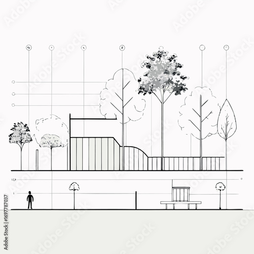 Architectural Drawings, Minimal style cad tree line drawing, Side view, set of section wetland forest outline for landscape design drawing. Vector illustration in seperate element