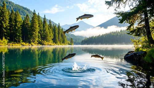 Lakeside fish leap; serene morning
