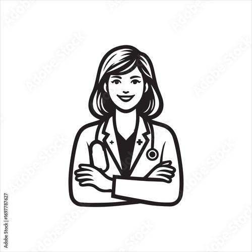 Confident female doctor with folded arms and stethoscope in black and white.