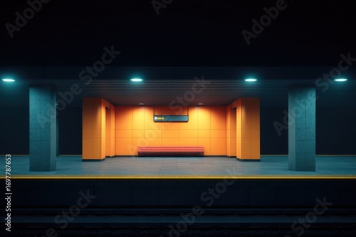 Minimalist subway station design with vibrant orange accents and