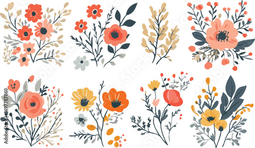Collection of eight delicate watercolor floral arrangements with orange and pink blossoms and green foliage