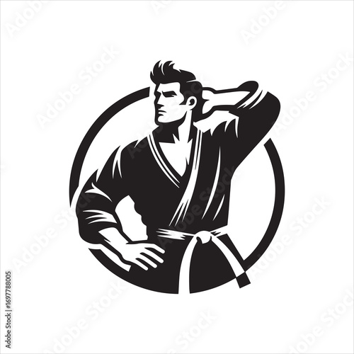 Confident Martial Artist in Black Gi and White Belt.