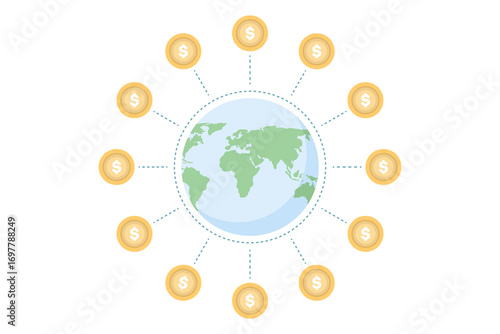 Flat vector illustration of global money and business management concept, showing the earth encircled by dollar coins as a symbol of worldwide finance, economy, and international trade.