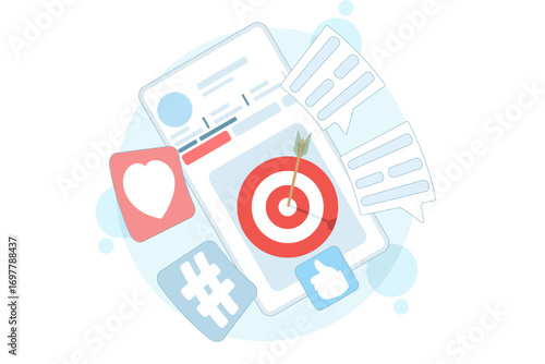 Concept of targeted content for digital marketing. Social media engagement ideas to boost likes, comments, followers, and audience interaction with attention-grabbing posts. flat design.