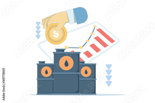 Illustration concept of oil tax policy and fuel price differences. Depicts taxation on petroleum products, impact on market pricing, and economic effect of oil price gap in flat vector design.