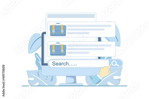 Job hunting website concept with computer screen and search interface. Online job search platform illustration showing digital recruitment, employment opportunities, and career exploration.