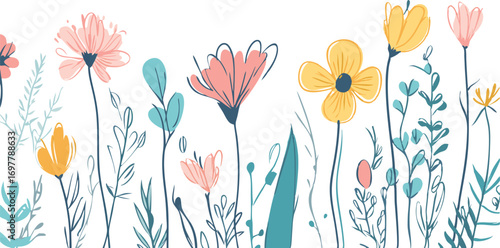 Delicate watercolor wildflowers in soft pastel colors bloom against a clean white background