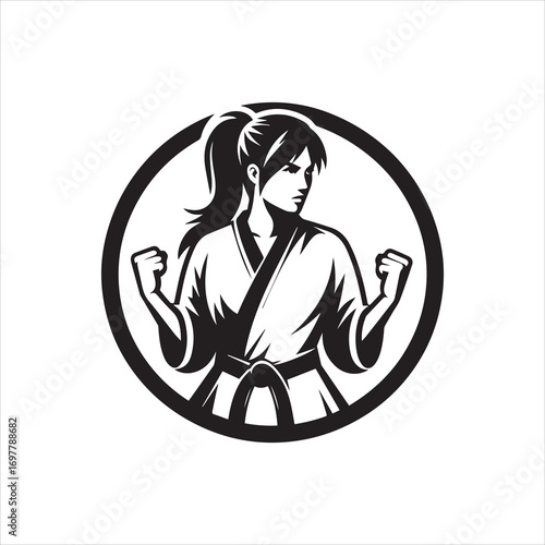 Determined Karateka in Gi with Fists Raised Within Circular Emblem.
