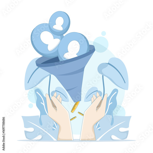 Flat vector of lead generation concept. Hand holding marketing funnel to attract potential customers, analyze advertising performance, and convert prospects into sales for improved conversion rates.