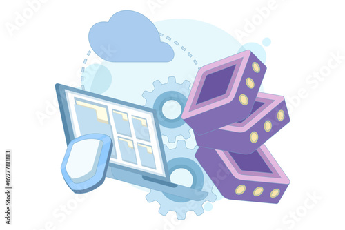 Flat vector illustration of database security concept. Engineer managing data center, programming and technology for safe data storage, protection, and secure IT infrastructure.