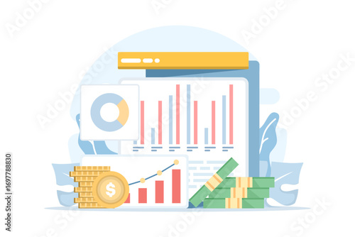 Flat vector illustration of financial and business growth concept. Teamwork, sales strategy, corporate budget, income growth, and investment planning for business and corporate landing pages.