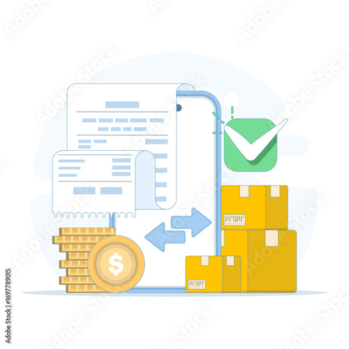 Flat vector illustration of online shopping and payment concept. Smartphone displaying successful transaction, surrounded by coins, receipts, and delivery boxes for e-commerce and package tracking.