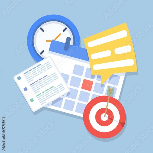 Flat vector illustration of schedule and time management concept. Planner, calendar, and deadlines represent efficient planning, task organization, and business productivity for websites and banners.