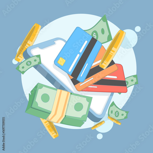 Flat vector illustration of cashless payment concept. Mobile phone with payment cards, bundles of cash, and floating coins representing online banking, digital transactions, and electronic payments.