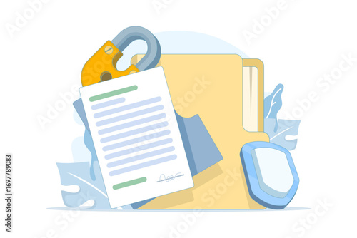 Flat vector illustration of data security and privacy concept. Digital file and document protection with lock icon, safe confidential information, secret access, privacy protection, secure storage.