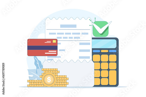 Flat vector illustration of financial transaction and payment concept. Receipt with checkmark, bank card, calculator, shopping checkout, money transfer, invoice, successful bill payment and finance.