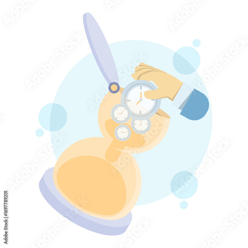 Flat vector illustration of pension fund and investment concept. clock and timer turn into sand glass falling into cash back profits, symbolizing time is money, long term returns, savings growth.
