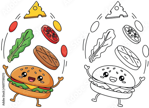 Cute Cartoon Hamburger with Flying Ingredients - Kawaii Fast Food Creation