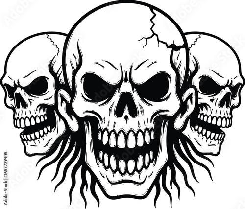 Three skulls with menacing expressions and flowing hair on a white background