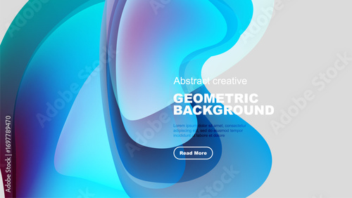 Fluid shapes, vibrant colors create modern abstract background. Text block, button present. Design feels dynamic, energetic.
