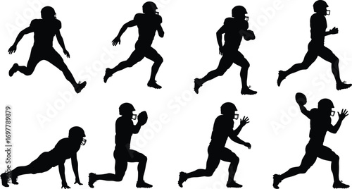 Wallpaper Mural Silhouettes of American football players running, throwing, catching, and tackling, NFL athletes in motion, sport training vector illustration Torontodigital.ca