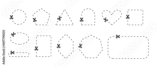 Geometric dotted shapes with scissors cut lines PNG. Coupon or paper trim section icons set.