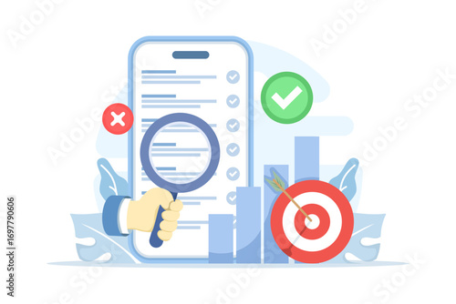 flat vector illustration of target digital marketing checklist. Concept of online strategy, SEO, advertising, content planning, social media growth, goals achievement, and campaign tracking.