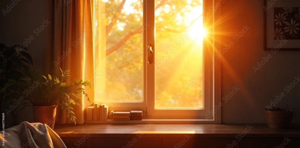 Fototapeta premium Golden hour sunlight streams through a window, illuminating dust motes dancing in the warm, lazy rays of a Sunday morning Perfect for relaxation and peaceful vibes , texture, soft light, comfort